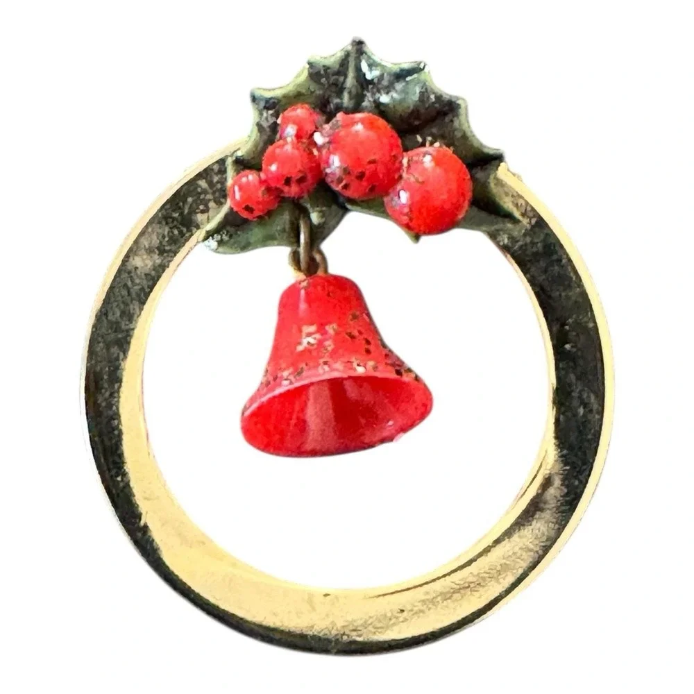 Vintage Gold-Tone Red‎ Enamel Christmas Bell Brooch With Holly  Bow Pin Jewelry